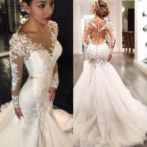 lace applique wedding dresses mermaid elegant modest beaded sexy bridal dresses robe de mariee