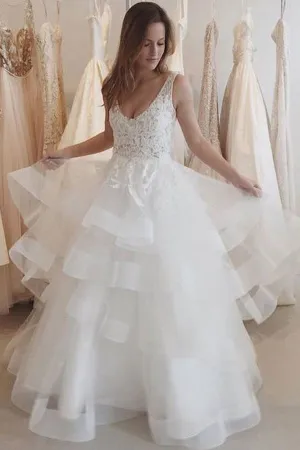 Lace Appliqued Bridal Gown,Ivory Organza Backless See-through Wedding Dress, SW24