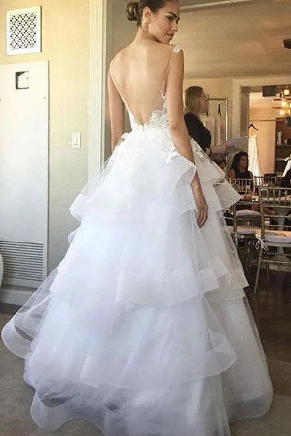 Lace Appliqued Bridal Gown,Ivory Organza Backless See-through Wedding Dress, SW24