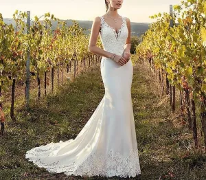 Lace Chiffon Buttons V-Neck Bohemian Wedding Gowns