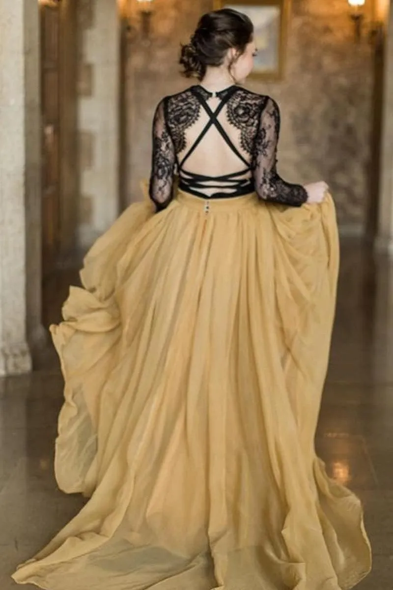 Lace Chiffon Two-tone Bridal Dresses Long Sleeves