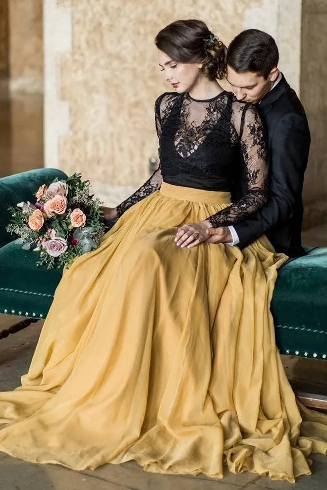Lace Chiffon Two-tone Bridal Dresses Long Sleeves