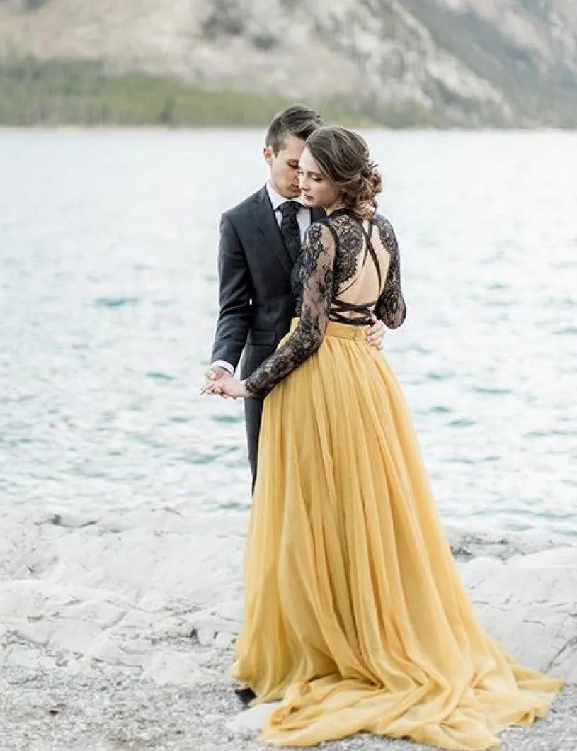 Lace Chiffon Two-tone Bridal Dresses Long Sleeves