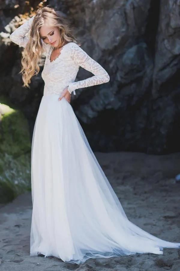 Lace Long Sleeve Bohemian Beach Wedding Dress Open Back Chiffon Bridal Gown CA044