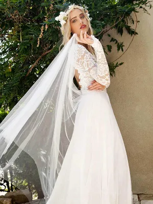 Lace Long Sleeve Bohemian Beach Wedding Dress Open Back Chiffon Bridal Gown CA044