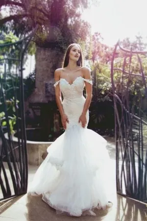 Lace Off-the-shoulder Mermaid Wedding Dress with Layered Tulle Skirt