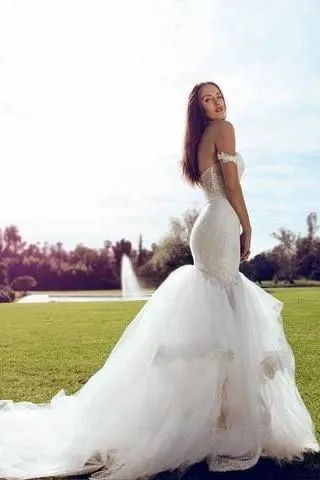Lace Off-the-shoulder Mermaid Wedding Dress with Layered Tulle Skirt