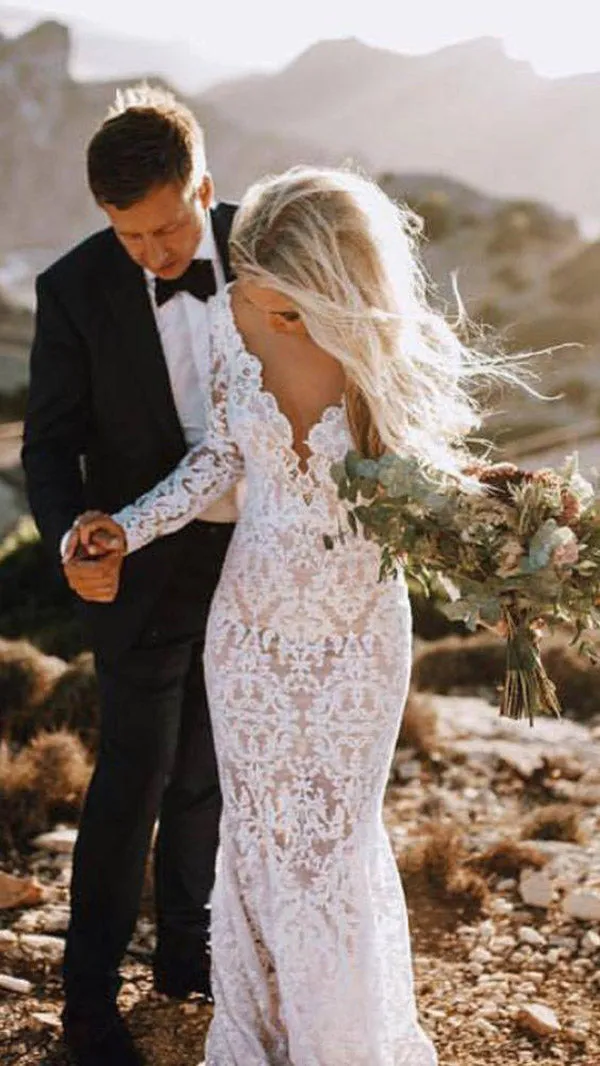 Lace Rustic Long Sleeve Mermaid White Wedding Dresses Bridal Dress, SW184