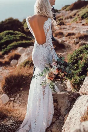 Lace Rustic Long Sleeve Mermaid White Wedding Dresses Bridal Dress, SW184