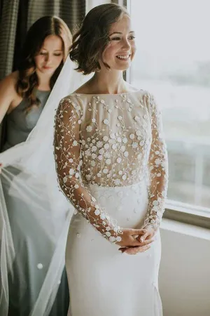 Lace Satin Scoop Mermaid Open Back Long Sleeves Slit Wedding Dresses, MW636