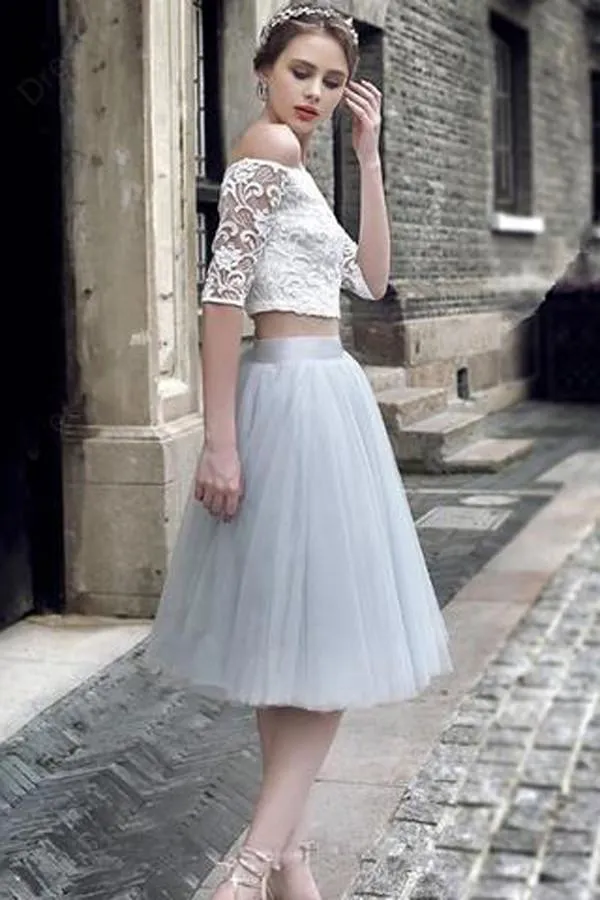 Lace Two Pieces Off Shoulder Half Sleeves Short Homecoming Dresses, MH373