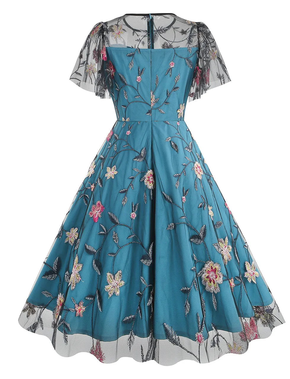 Lake Blue Semi Mesh Rose Embroidered Short Sleeve 50S Swing Dress