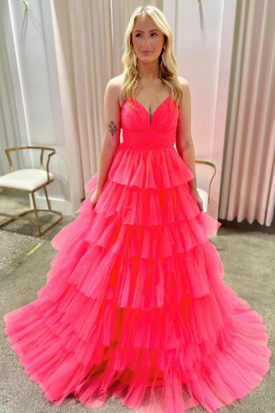Lavender V-Neck Ruffle Tiered Long Prom Gown