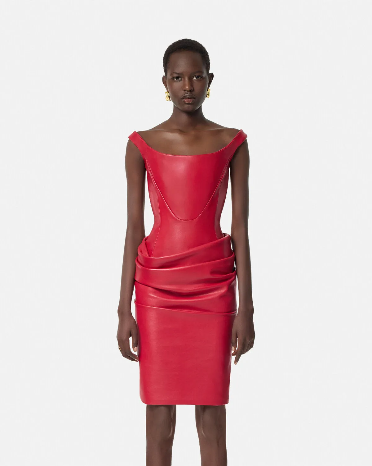 Leather Corset Draped Midi Dress