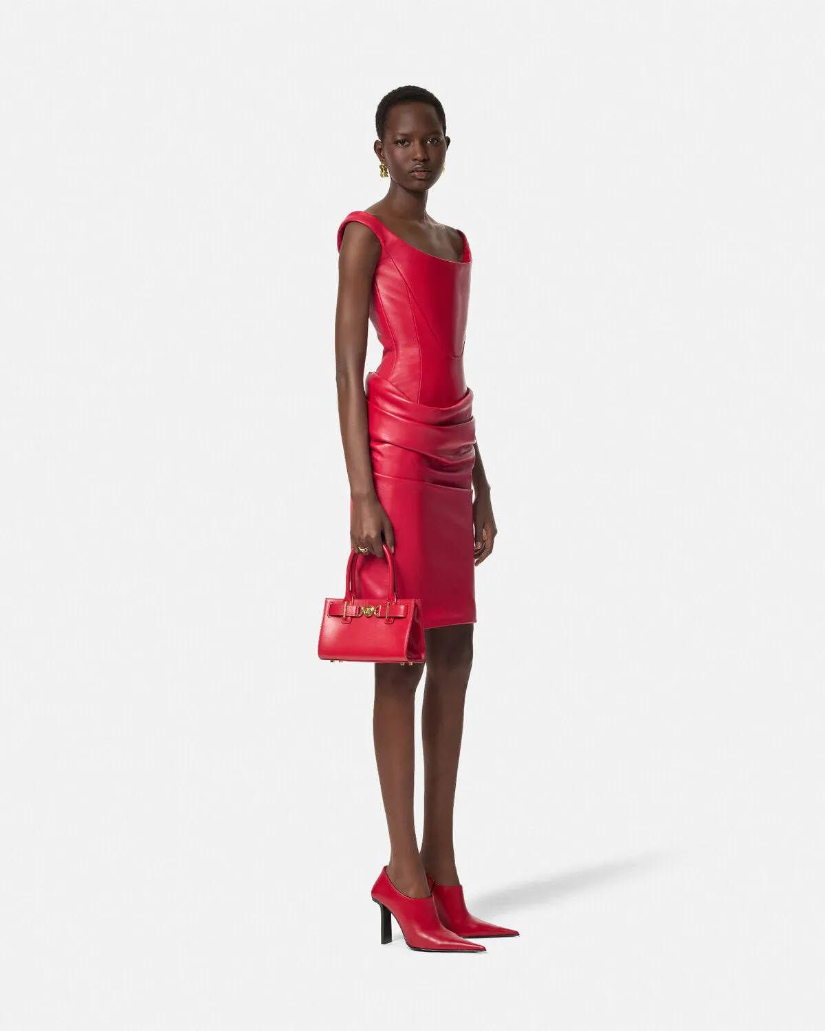 Leather Corset Draped Midi Dress
