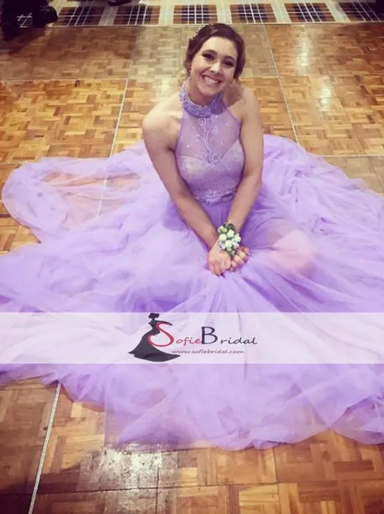 Lilac Halter Lace Tulle A-line Prom Dresses,  Cheap Prom Dresses, Lovely Prom Dresses, PD0457