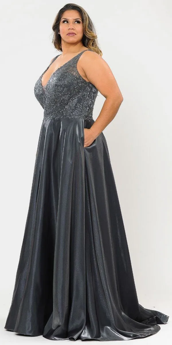 Lindas W1032 Floor Length Embroidered Bodice Top Satin Skirt Pocket Dress