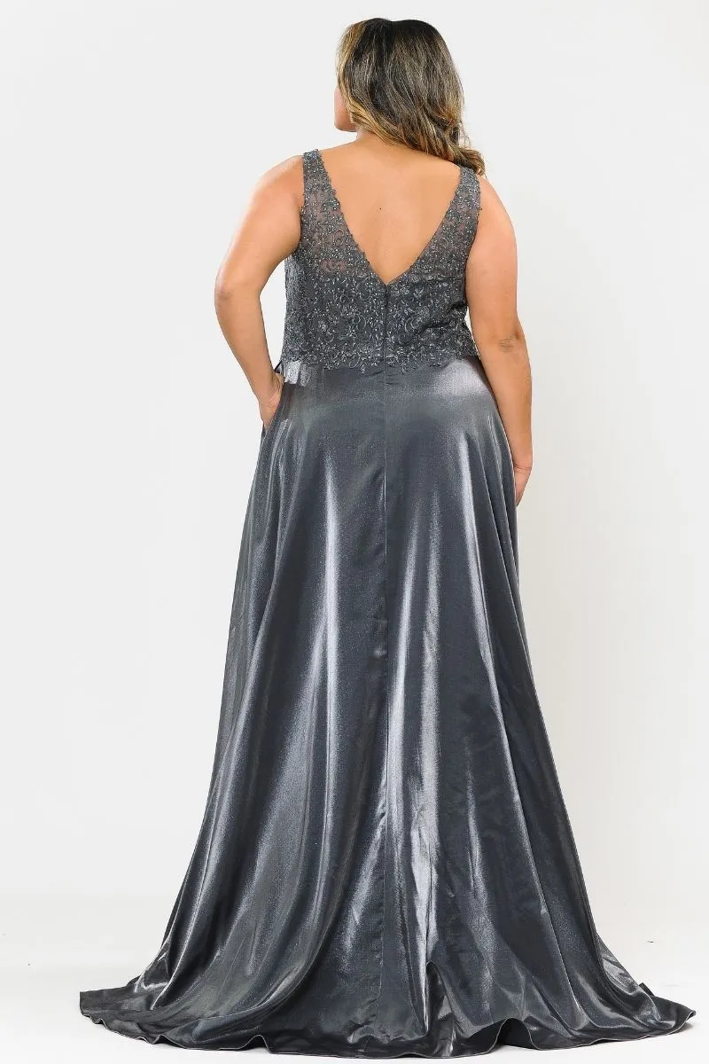 Lindas W1032 Floor Length Embroidered Bodice Top Satin Skirt Pocket Dress