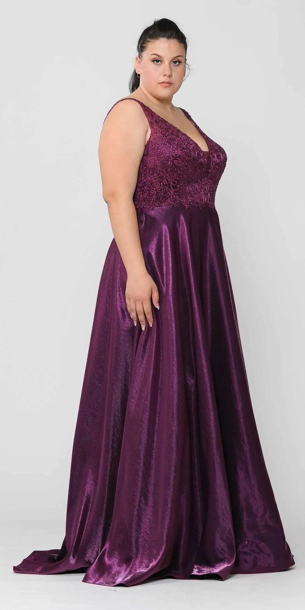 Lindas W1032 Floor Length Embroidered Bodice Top Satin Skirt Pocket Dress