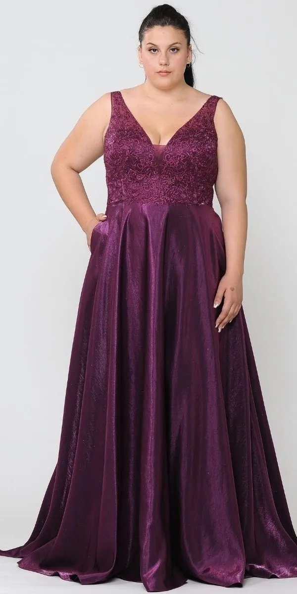 Lindas W1032 Floor Length Embroidered Bodice Top Satin Skirt Pocket Dress