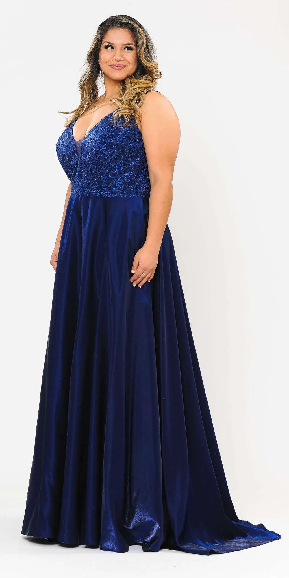 Lindas W1032 Floor Length Embroidered Bodice Top Satin Skirt Pocket Dress