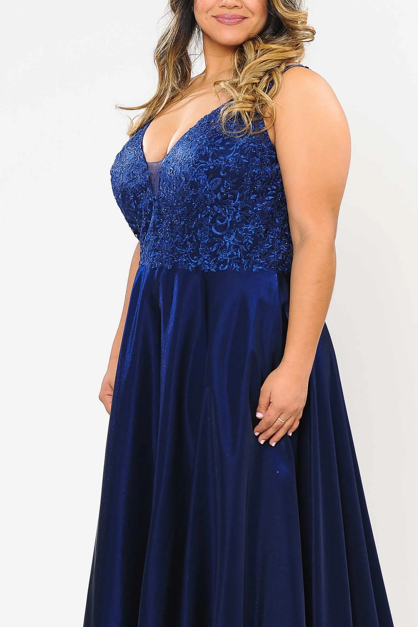 Lindas W1032 Floor Length Embroidered Bodice Top Satin Skirt Pocket Dress