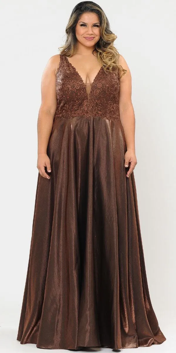 Lindas W1032 Floor Length Embroidered Bodice Top Satin Skirt Pocket Dress
