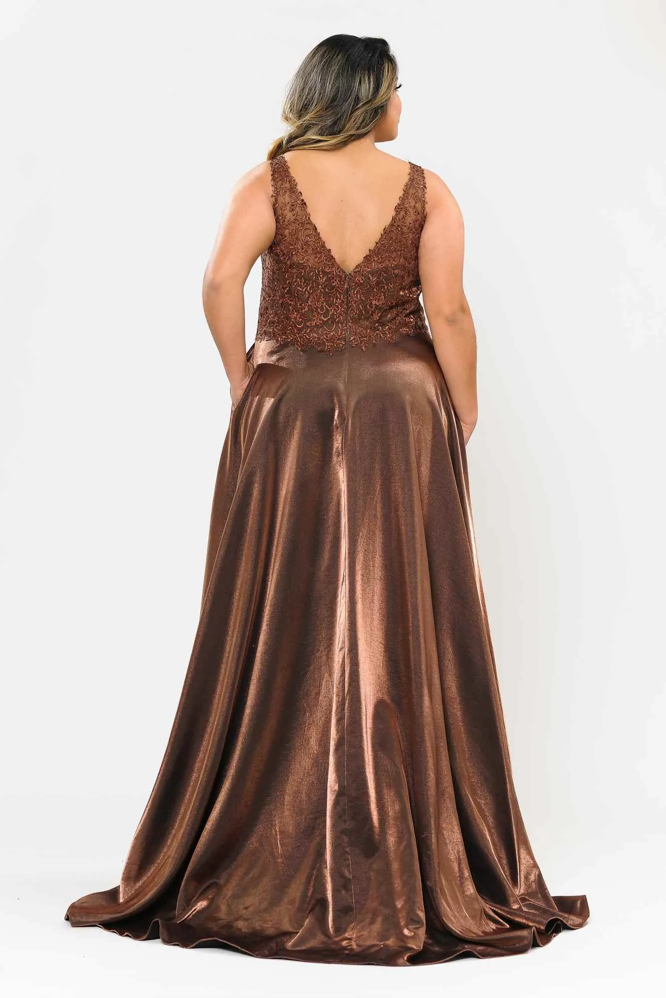 Lindas W1032 Floor Length Embroidered Bodice Top Satin Skirt Pocket Dress