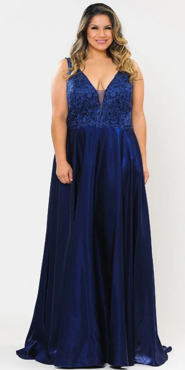 Lindas W1032 Floor Length Embroidered Bodice Top Satin Skirt Pocket Dress