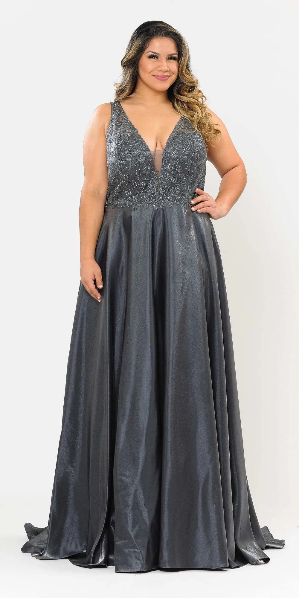 Lindas W1032 Floor Length Embroidered Bodice Top Satin Skirt Pocket Dress