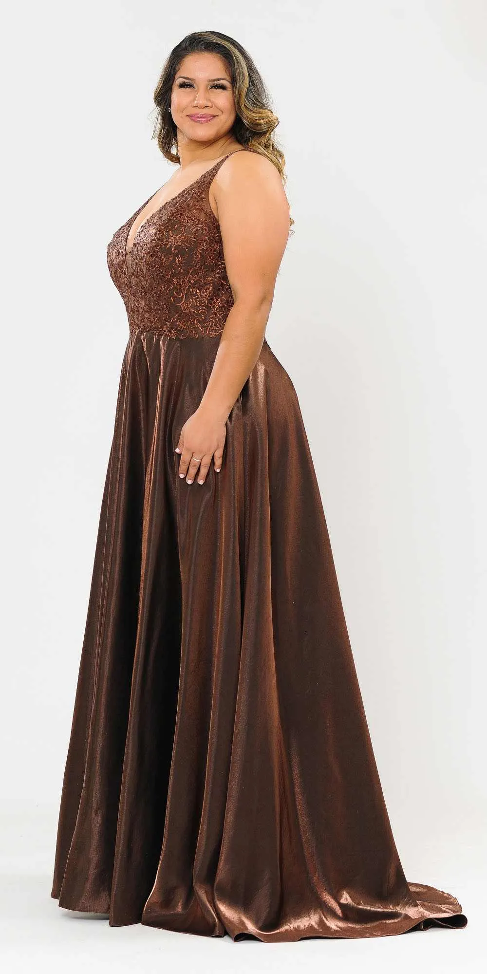 Lindas W1032 Floor Length Embroidered Bodice Top Satin Skirt Pocket Dress