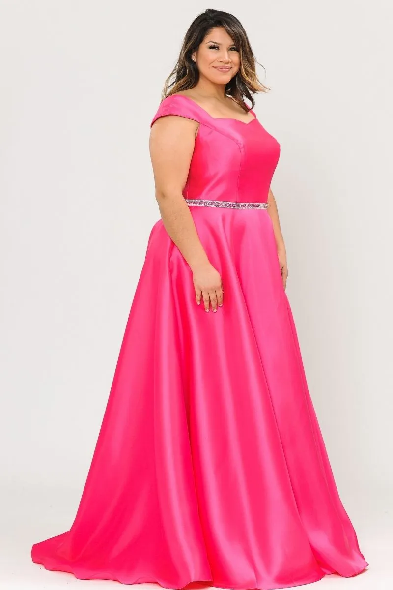 Lindas W1104 Cap Sleeves Off the Shoulder Rhinestone Belt Long Gown Side Pocket