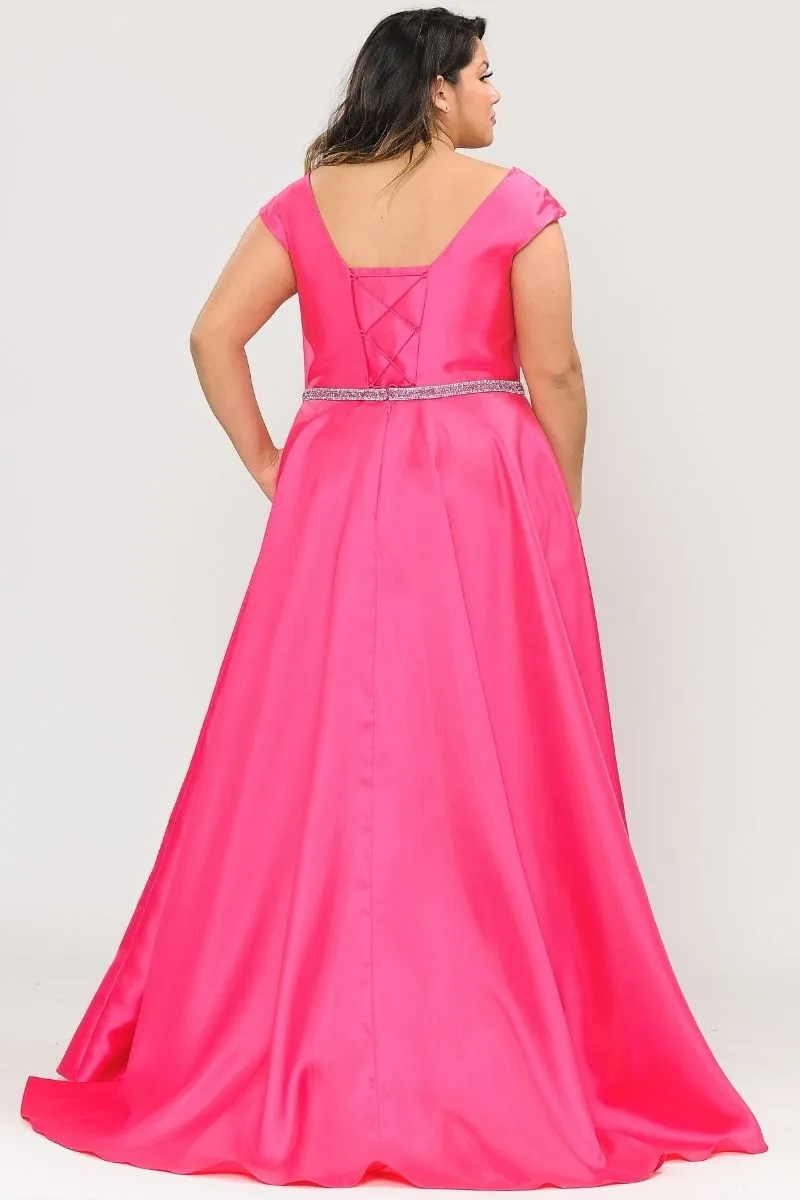 Lindas W1104 Cap Sleeves Off the Shoulder Rhinestone Belt Long Gown Side Pocket