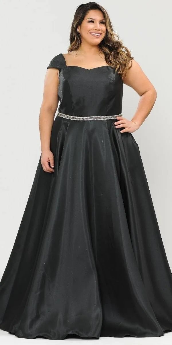 Lindas W1104 Cap Sleeves Off the Shoulder Rhinestone Belt Long Gown Side Pocket