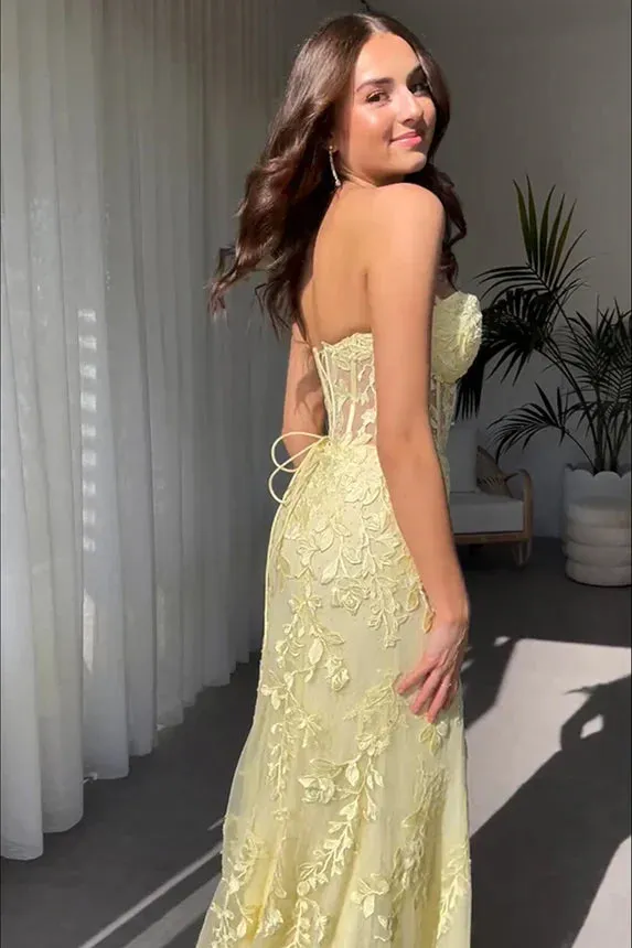 Long Corset Yellow Prom Dresses 2025 Mermaid Sweetheart with Appliques