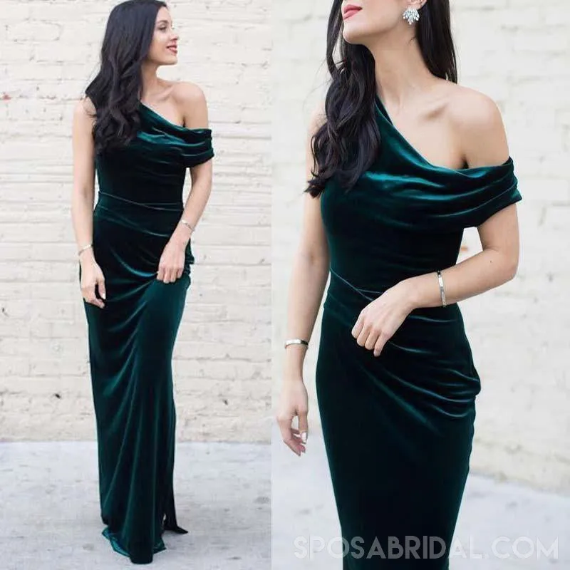 Long Sheath Emerald Green Velvet Mermaid Modest Prom Dresses, PD1170