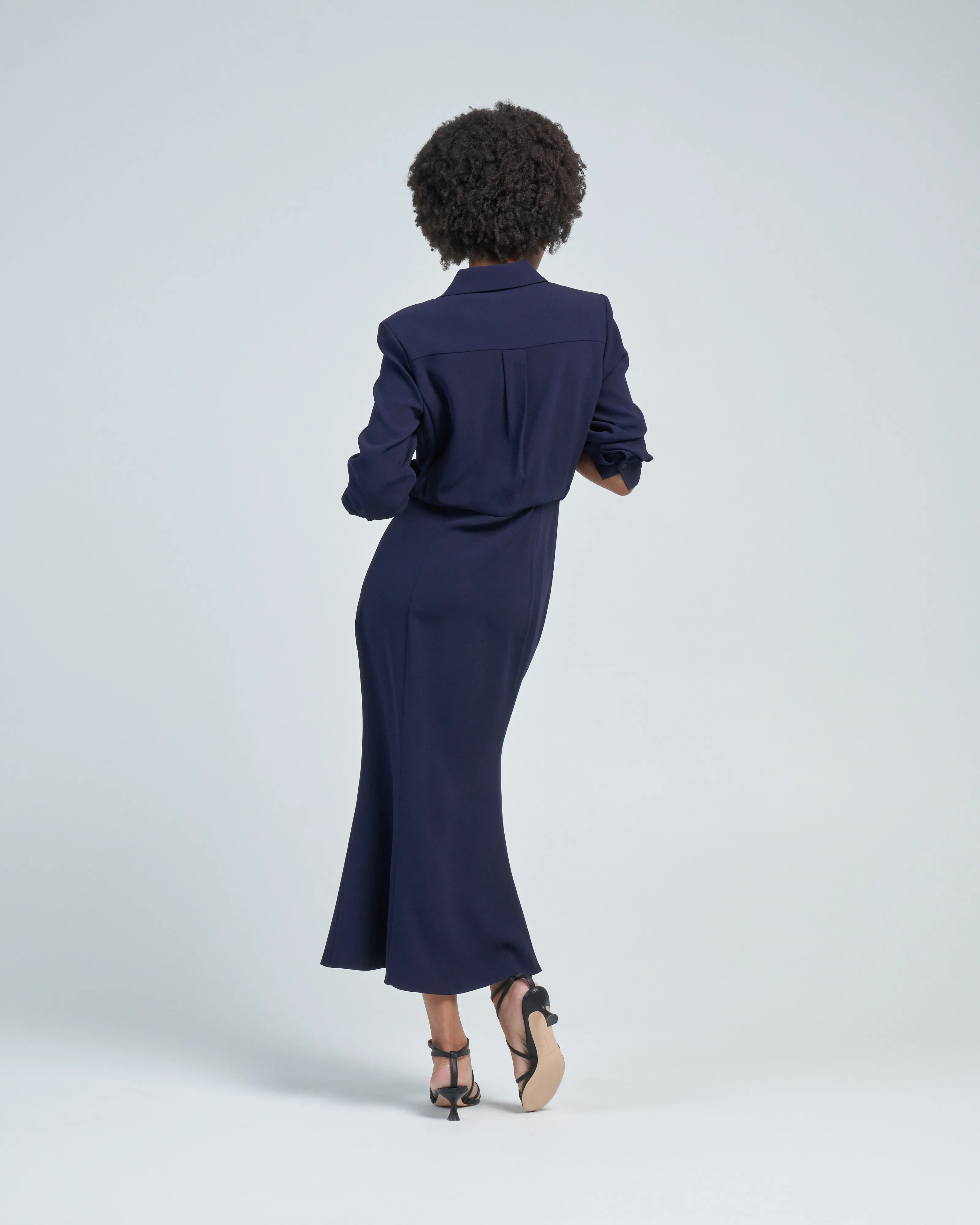 long sleeve collar satin crepe midi dress navy