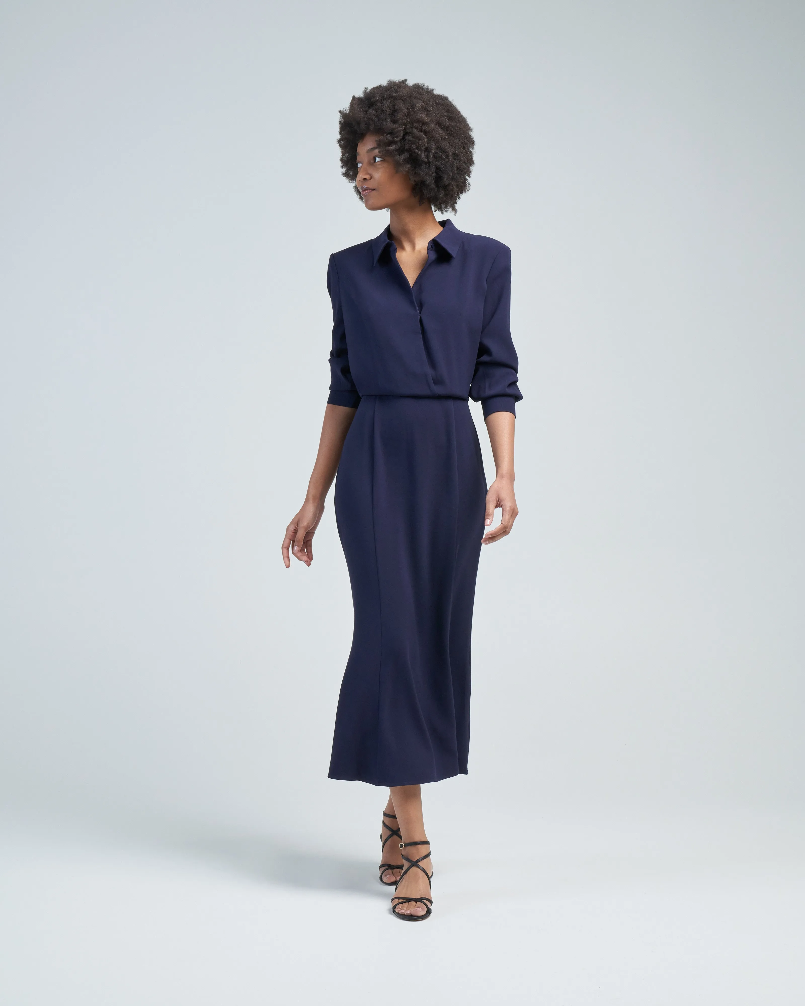 long sleeve collar satin crepe midi dress navy