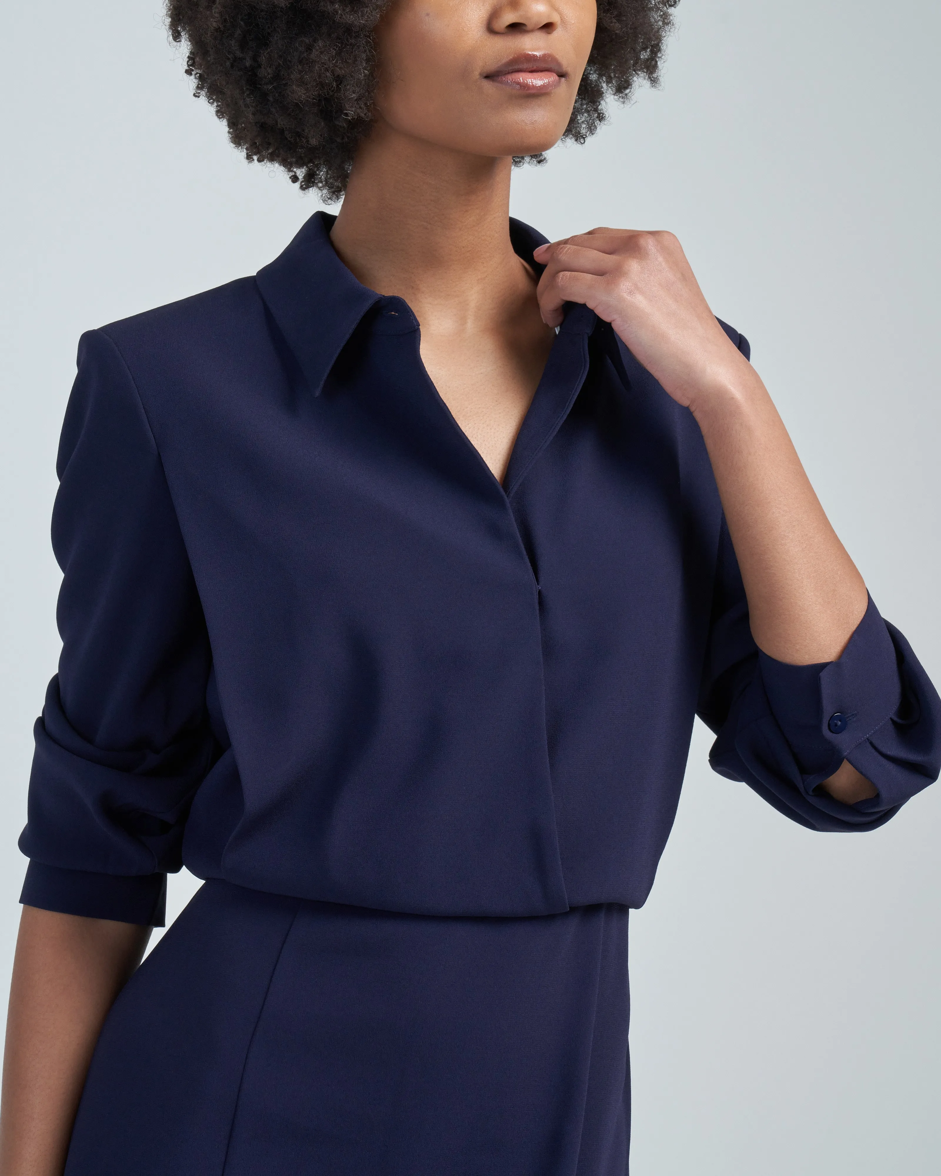 long sleeve collar satin crepe midi dress navy