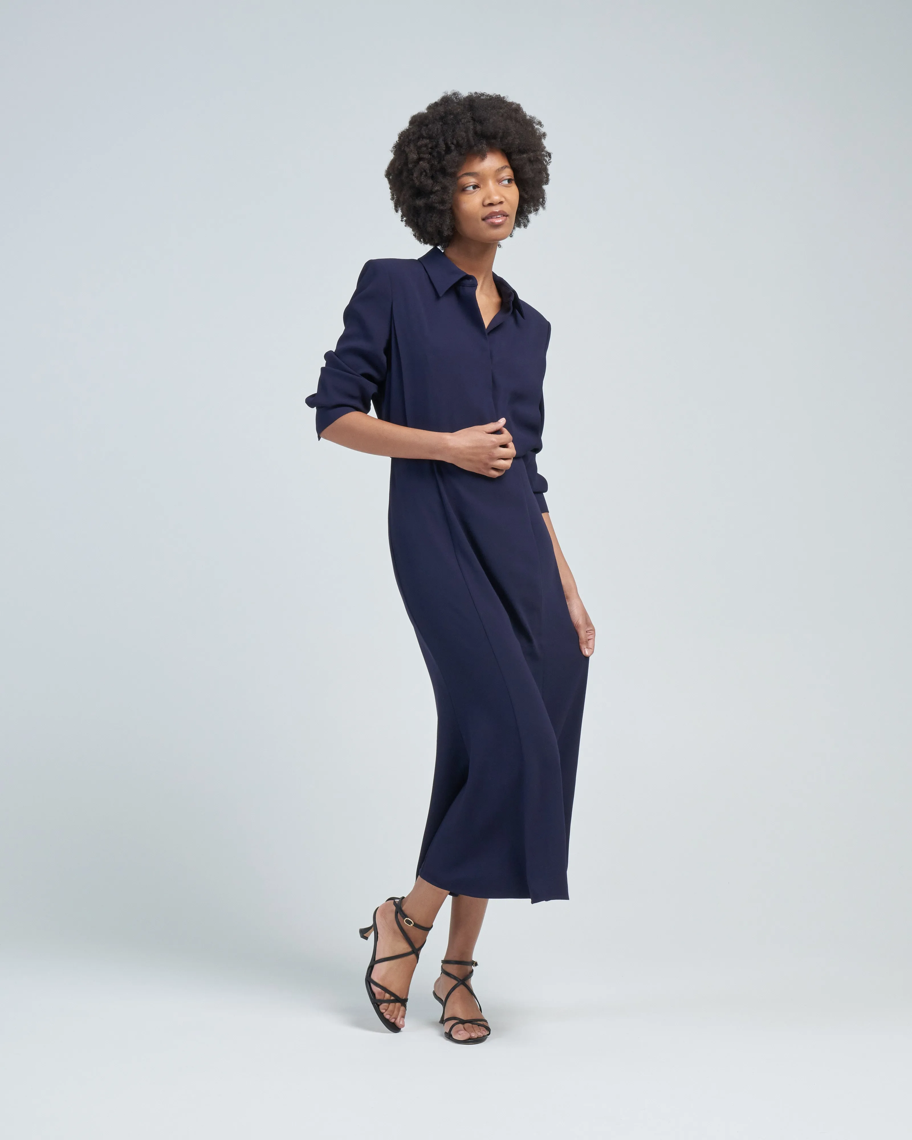 long sleeve collar satin crepe midi dress navy