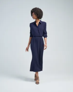 long sleeve collar satin crepe midi dress navy