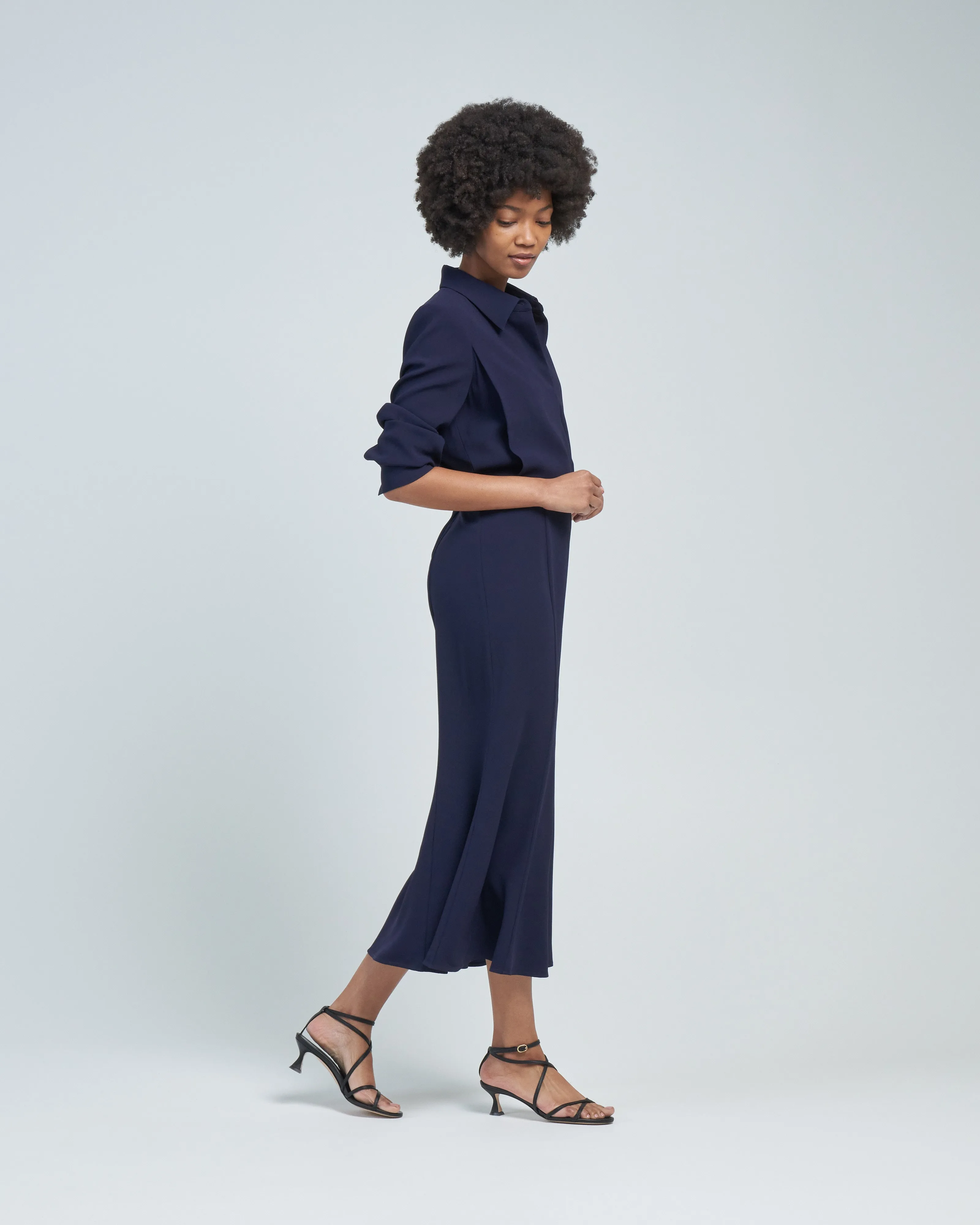 long sleeve collar satin crepe midi dress navy
