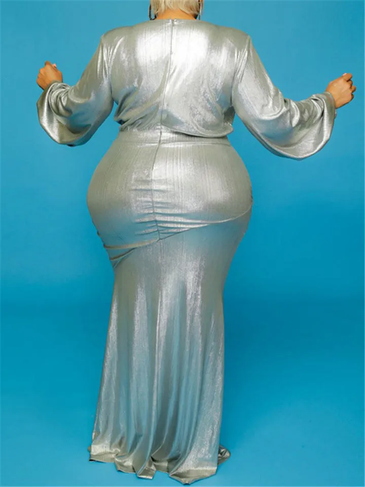 Long Sleeve Deep-V Bright Silk Maxi Dresses