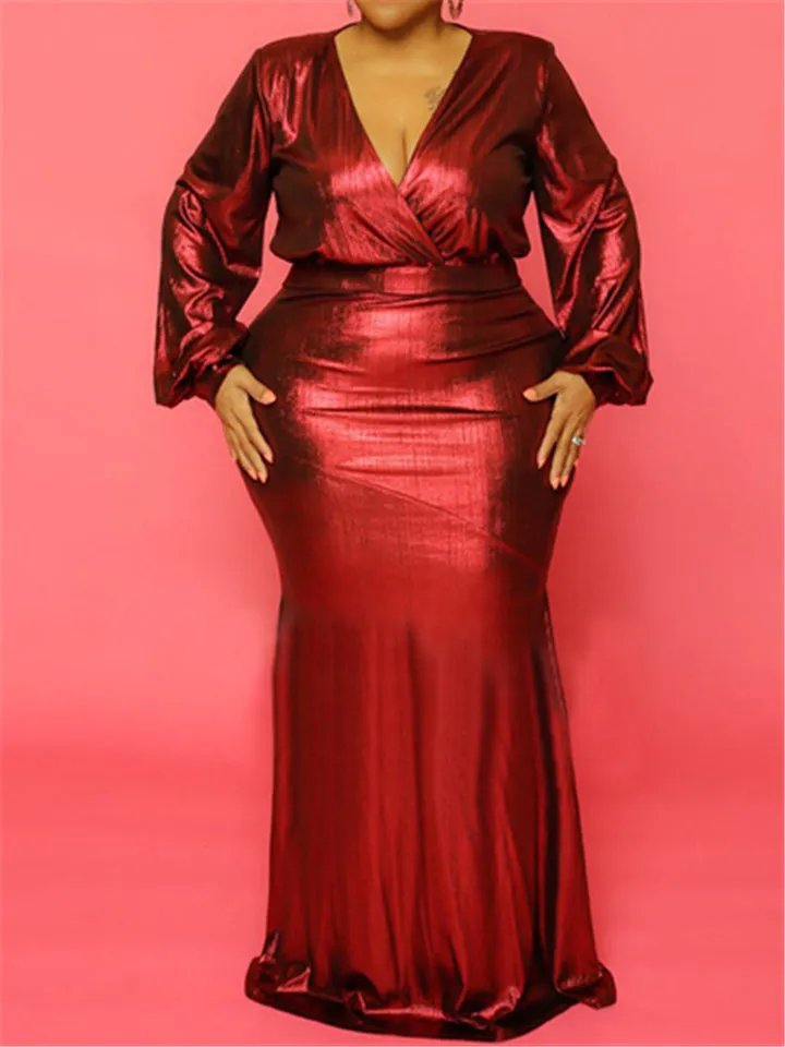 Long Sleeve Deep-V Bright Silk Maxi Dresses