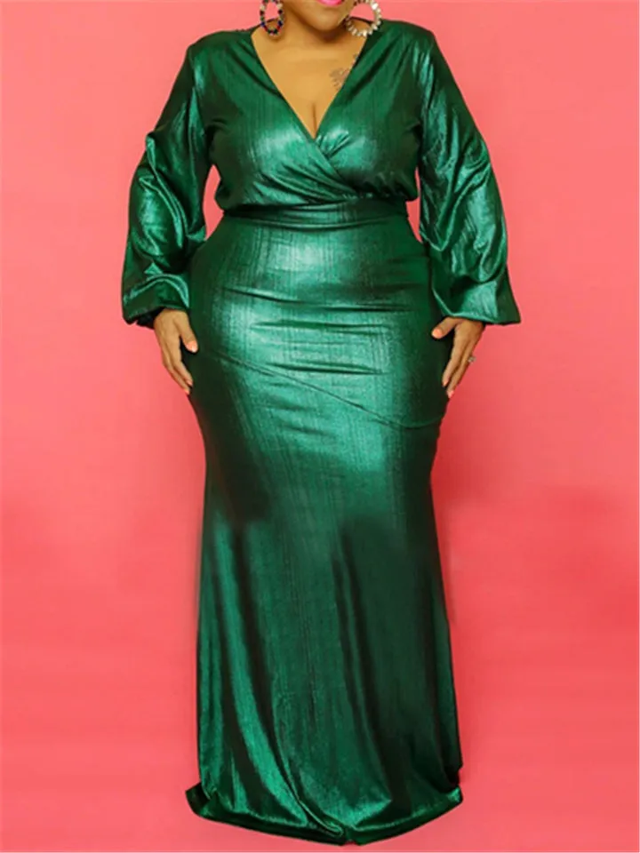 Long Sleeve Deep-V Bright Silk Maxi Dresses