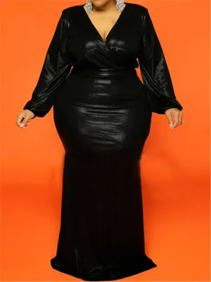 Long Sleeve Deep-V Bright Silk Maxi Dresses