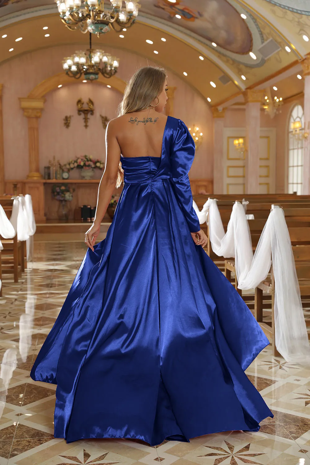 Long Sleeve Silk And Satin Slit One Shoulder Dress