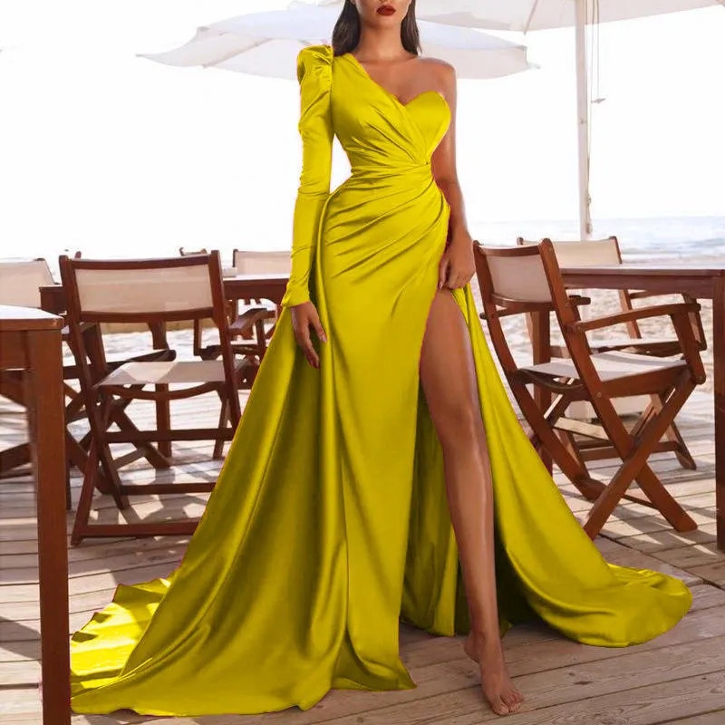 Long Sleeve Silk And Satin Slit One Shoulder Dress