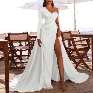Long Sleeve Silk And Satin Slit One Shoulder Dress