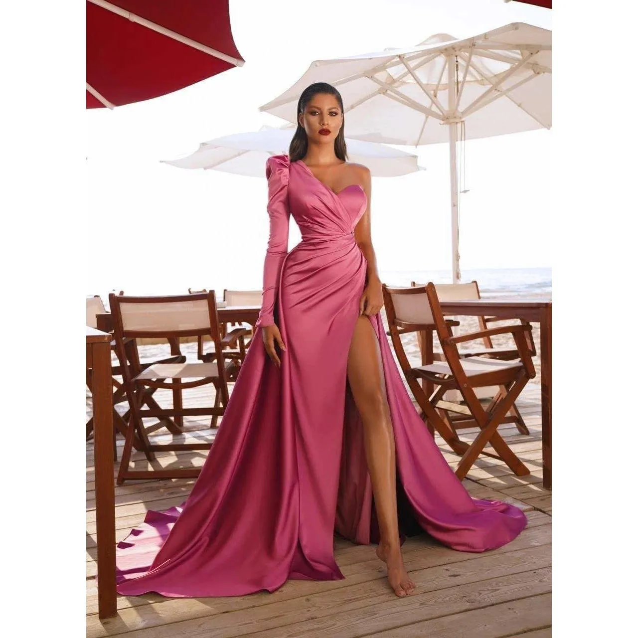 Long Sleeve Silk And Satin Slit One Shoulder Dress